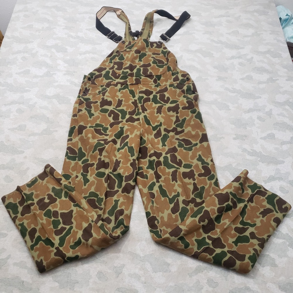 Vintage Woolrich Overalls Mens Medium Green Frog Camo Wool Hunting Bibs 80s
